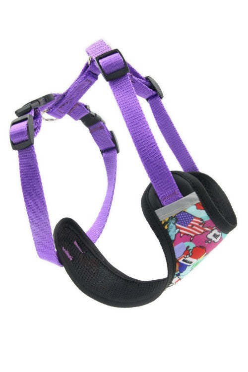 Imbracatura per cani viola con bordo nero e supporto petto fantasia colorata