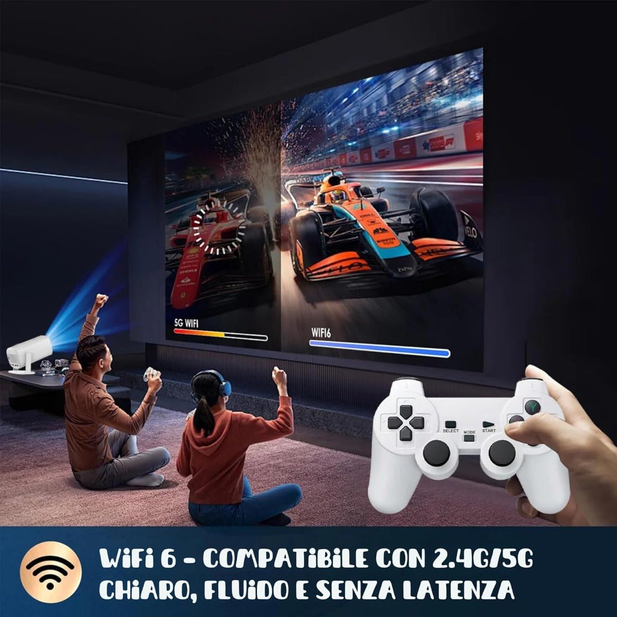 Proiettore Console 2 in 1 – Console Retro Portatile con Proiettore HD 4K, 36.000 Giochi, WiFi, Bluetooth e 2 Controller Wireless - | Prendilo Subito