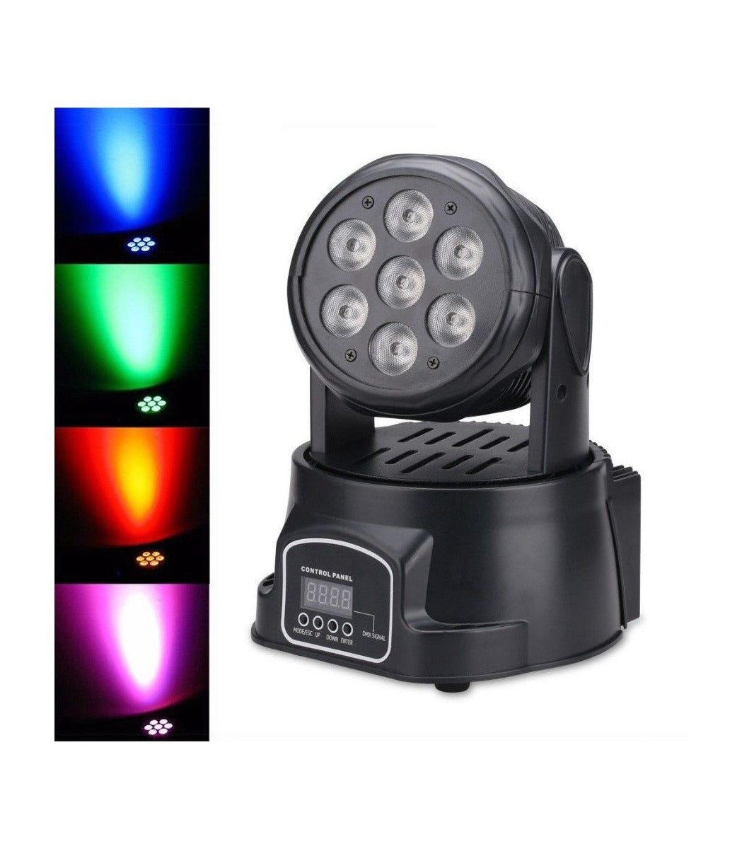 Testa mobile LED nera con ottica circolare e luce RGB colorata, pannello controllo