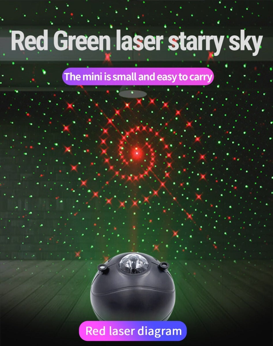 Proiettore laser grigio con stelle rosse e schema a spirale