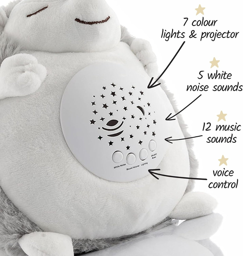Riccio di peluche bianco e grigio con pannello proiettore a stelle e pulsanti