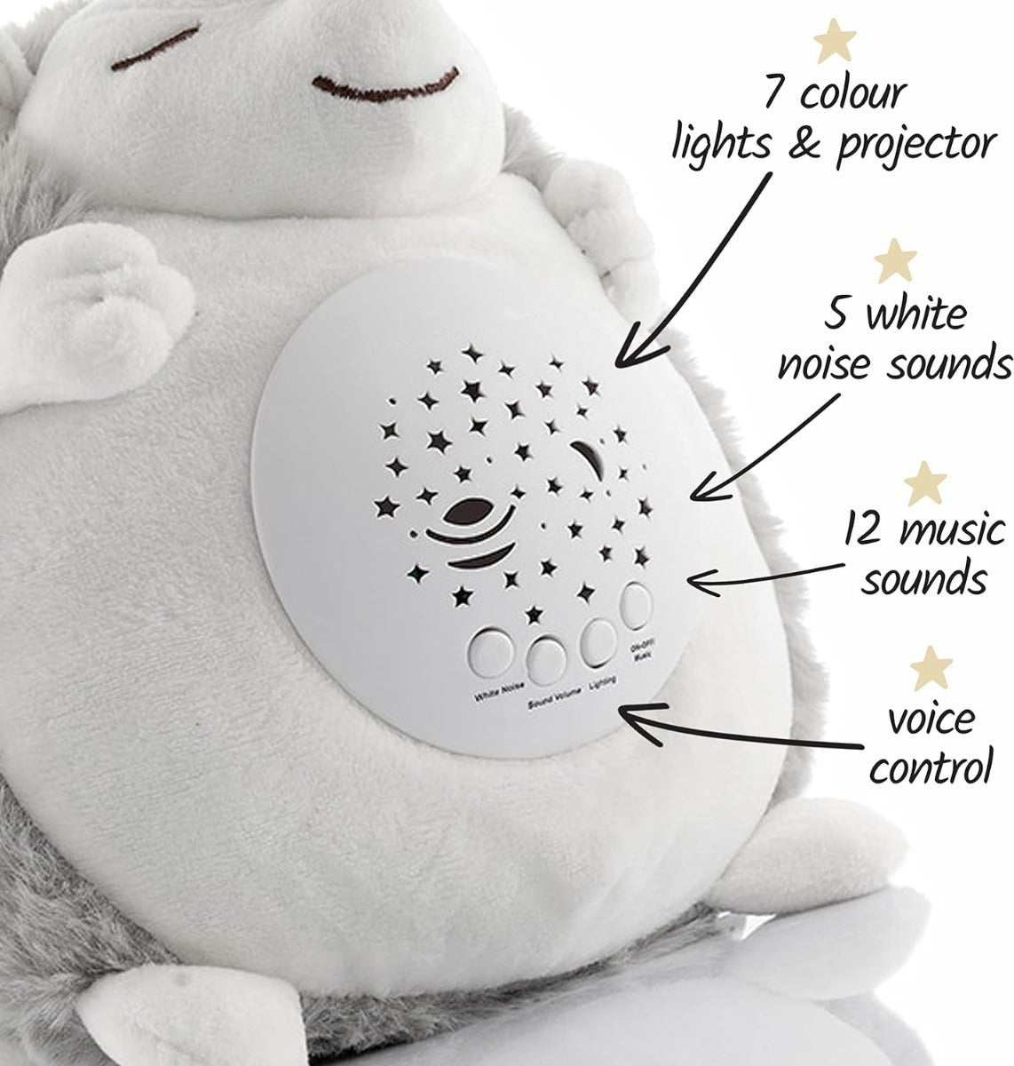 Riccio di peluche bianco e grigio con pannello proiettore a stelle e pulsanti