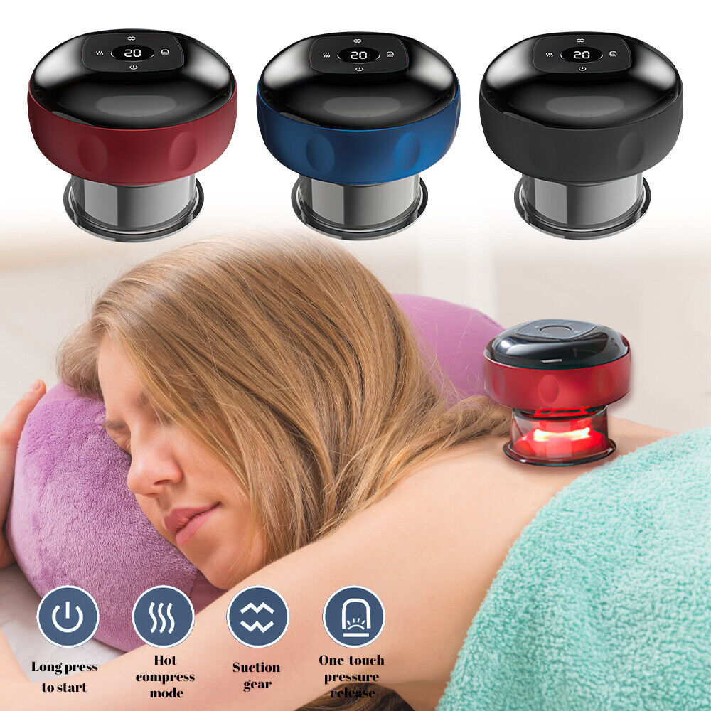 Massaggiatore a coppettazione elettrico rosso, blu e nero con coppe premute sulla pelle
