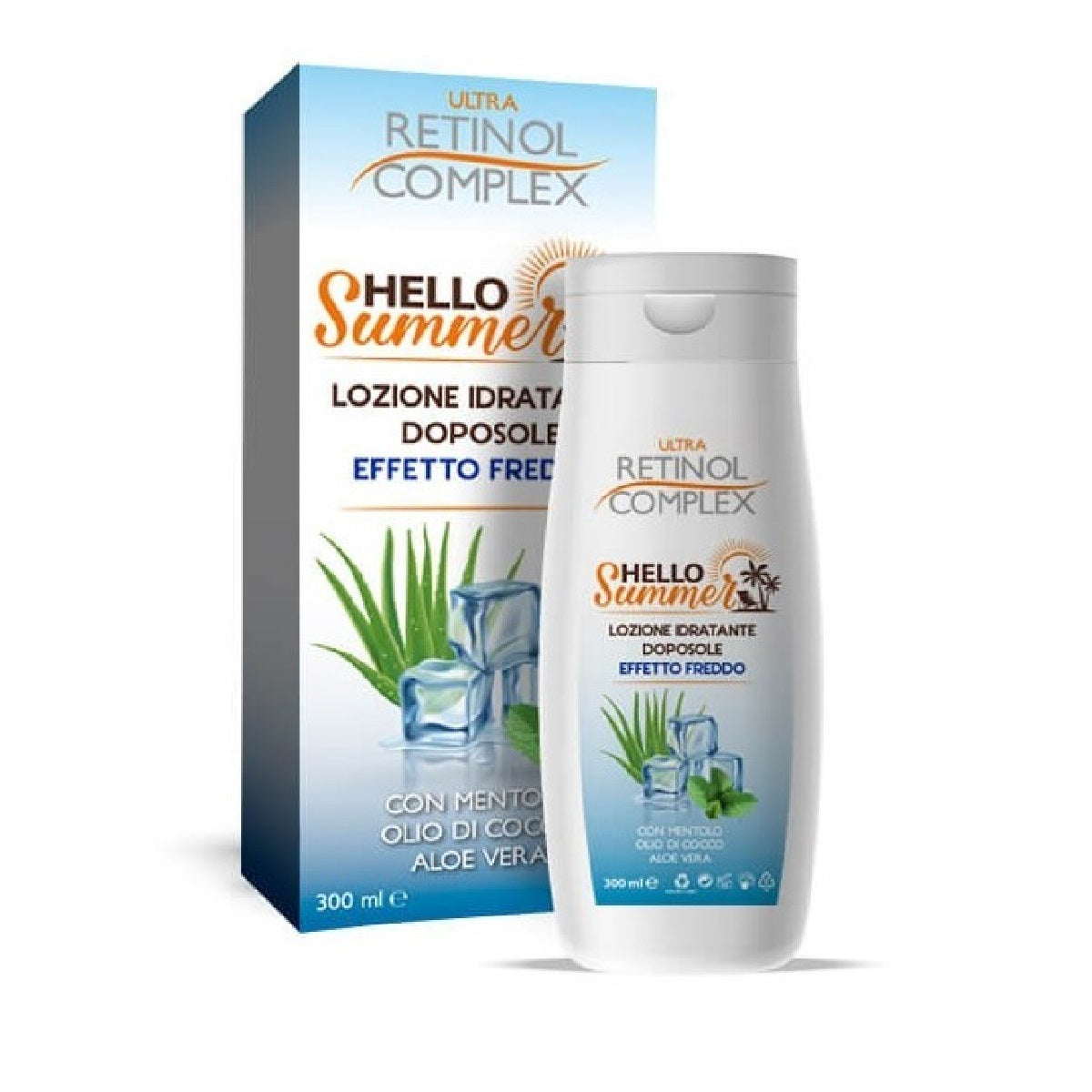 Lozione doposole effetto freddo in flacone da 300 ml e scatola Retinol Complex