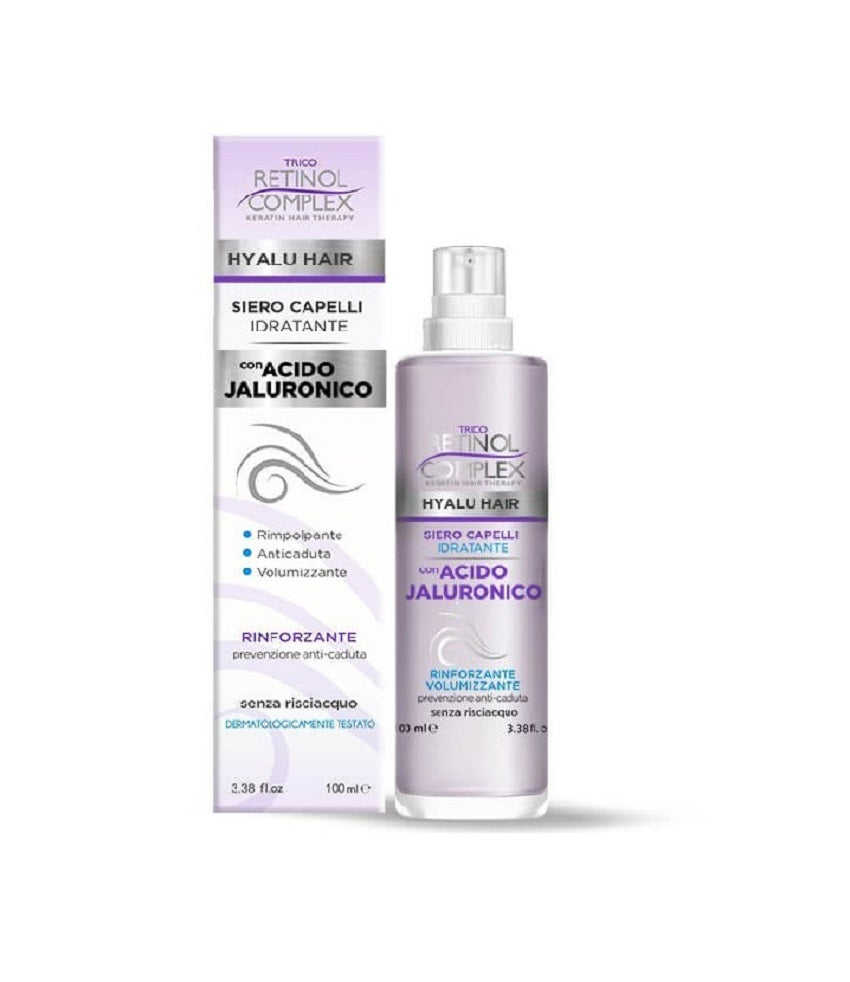 Siero per capelli idratante con acido ialuronico: scatola e flacone viola con pompa.