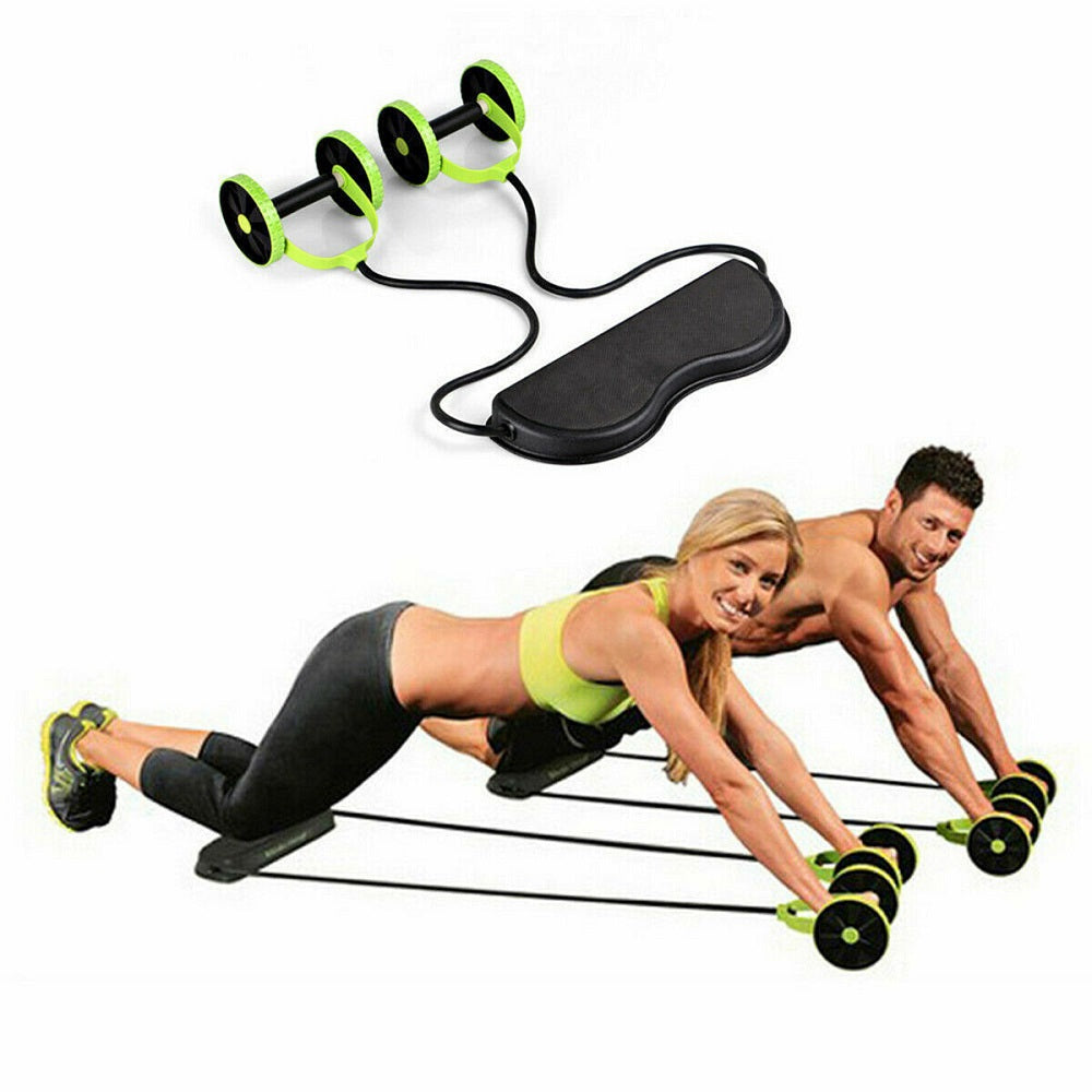 Attrezzo fitness con ruote e cavi per esercizi su addominali e glutei, verde e nero