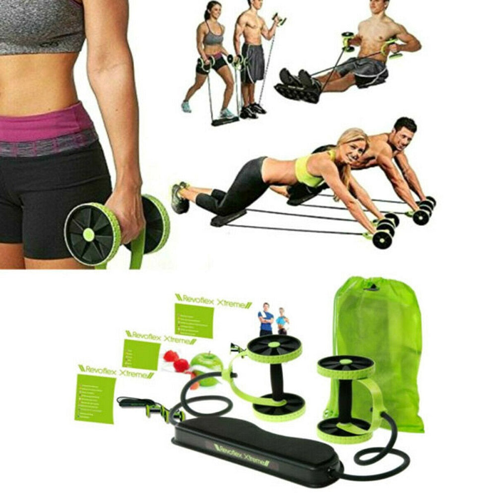 Attrezzo fitness con cavi e ruote per addominali, glutei e cosce, verde e nero