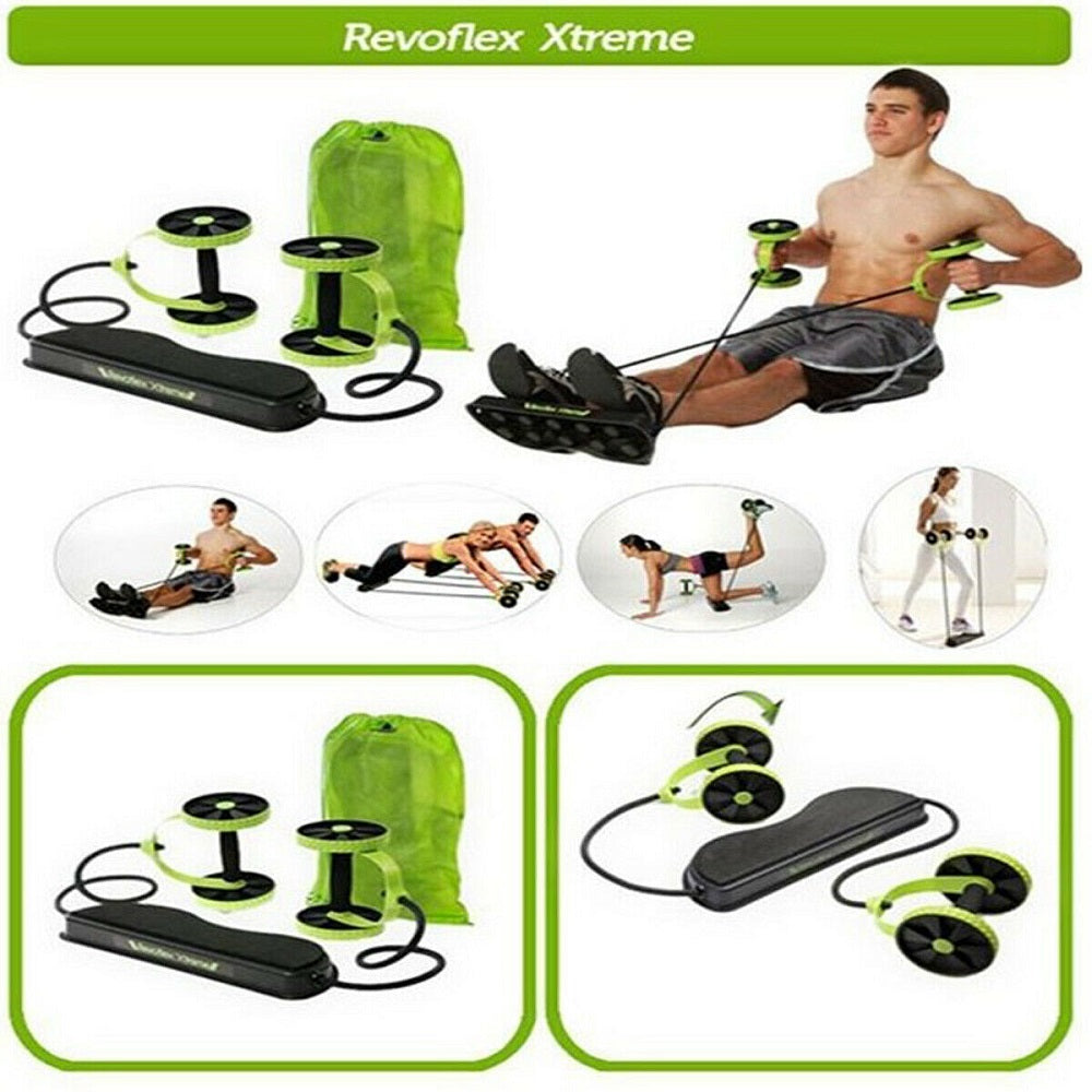 Kit attrezzi fitness con piattaforma, cavi e ruote, colore verde e nero