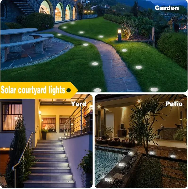 Sentiero in giardino con faretti solari da incasso LED tondi accesi