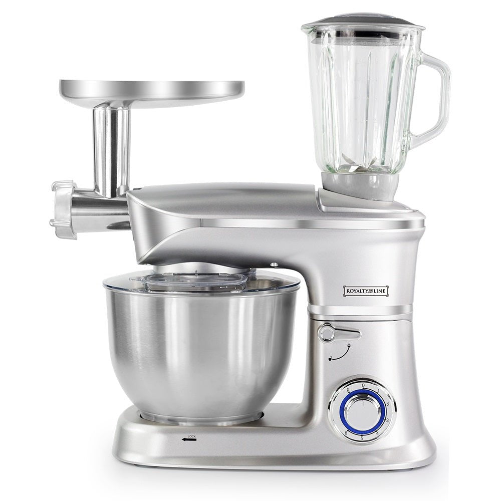 Robot da cucina tritacarne e planetaria con ciotola inox e frullatore argento