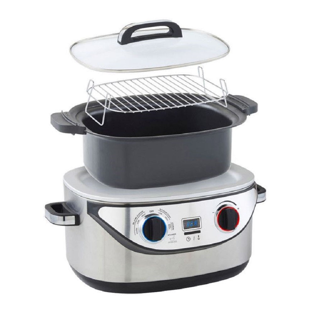 Cucina multifunzione 5 in 1 con coperchio e griglia, pentola nera, base argento