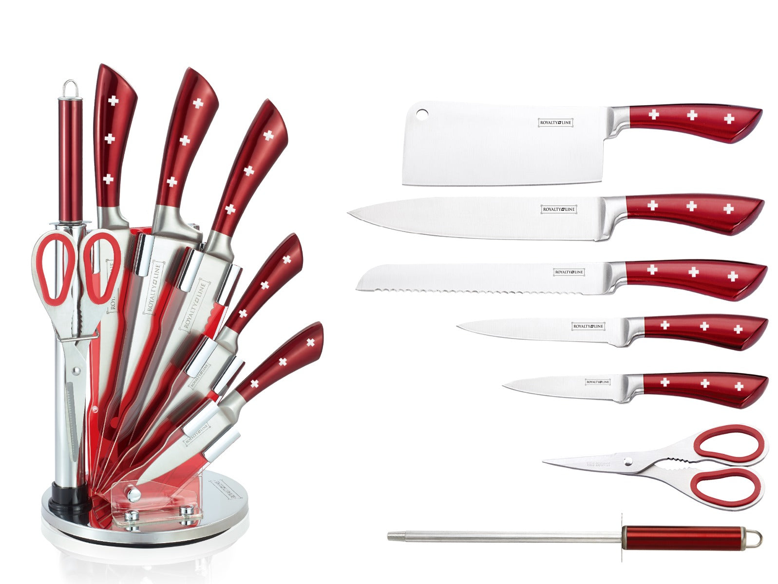 Set di 8 coltelli in acciaio inossidabile RL-KSS804 con manici rossi