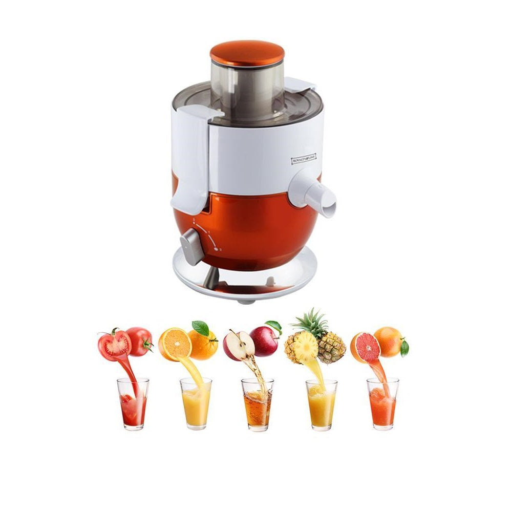 Estrattore di succo elettrico bianco e arancione con beccuccio e bicchieri