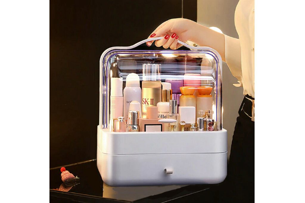 Organizer per cosmetici bianco con coperchio trasparente antipolvere e cassetto con maniglia