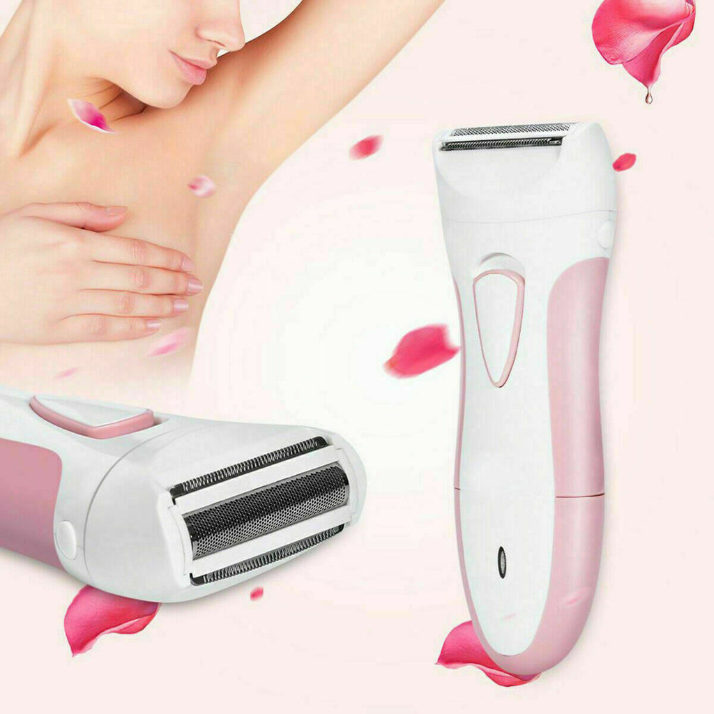 Rasoio elettrico per donna ricaricabile con testina a lamina grigia, impugnatura bianca e rosa