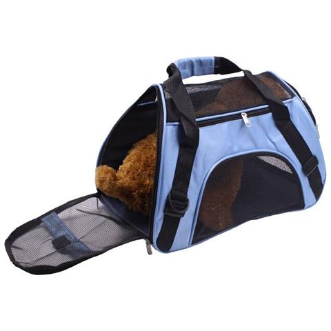 Borsa trasporto blu con finestra in rete frontale, maniglia superiore e cerniera