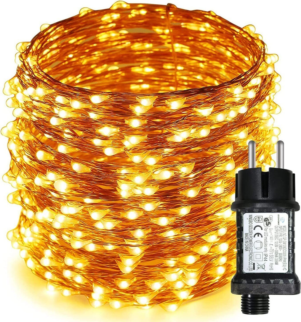Corda di luci natalizie a filo con 300 LED giallo caldo e alimentatore a batteria
