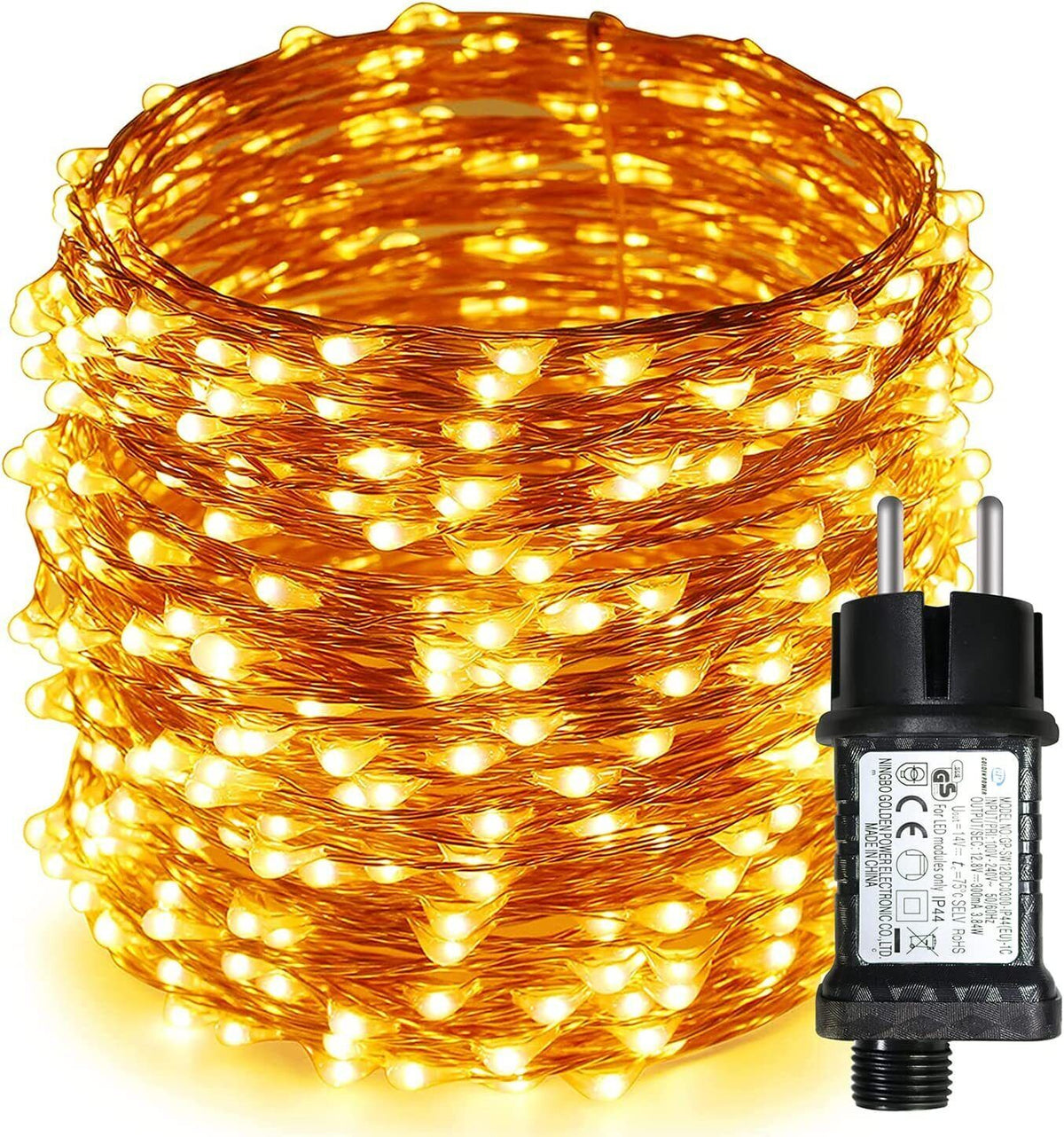 Catena luminosa su filo 300 LED, luce bianco caldo, con alimentatore
