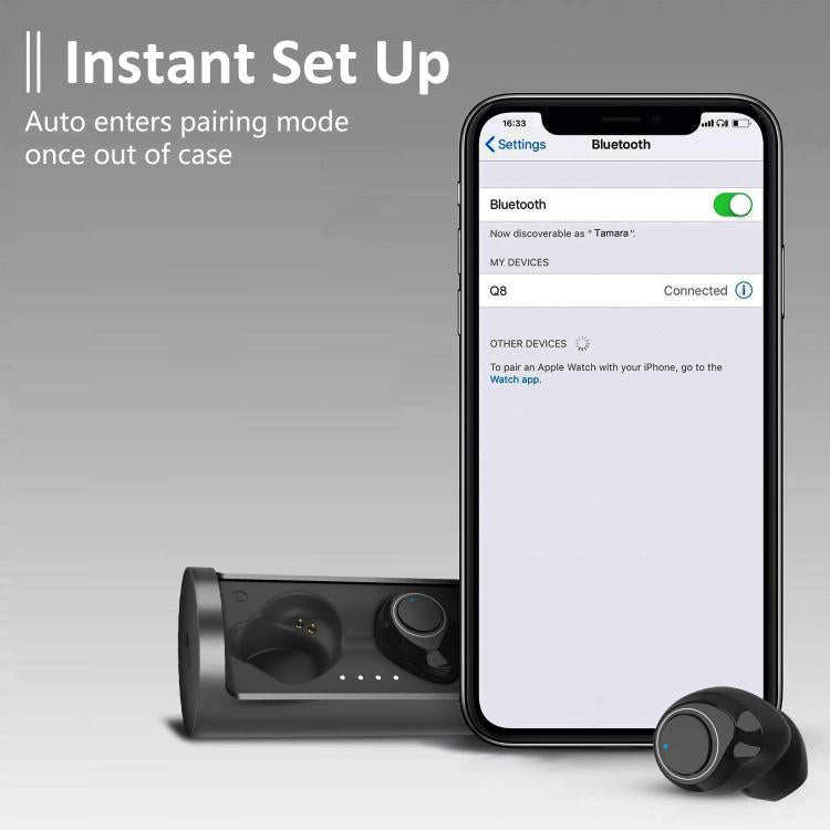 Auricolari TWS neri con custodia aperta e microfono