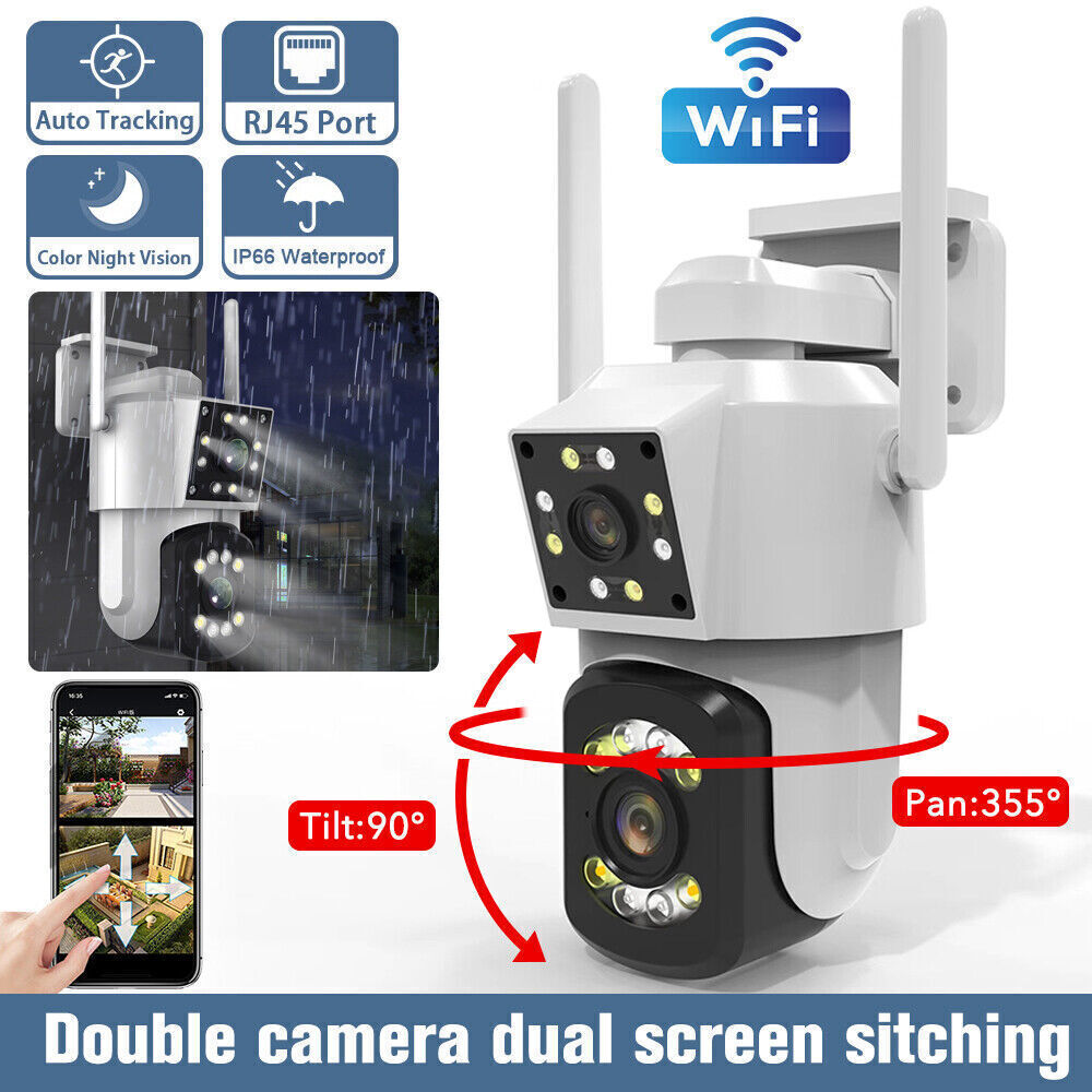 Telecamera PTZ di sicurezza WiFi bianca esterna con doppio obiettivo e due antenne.