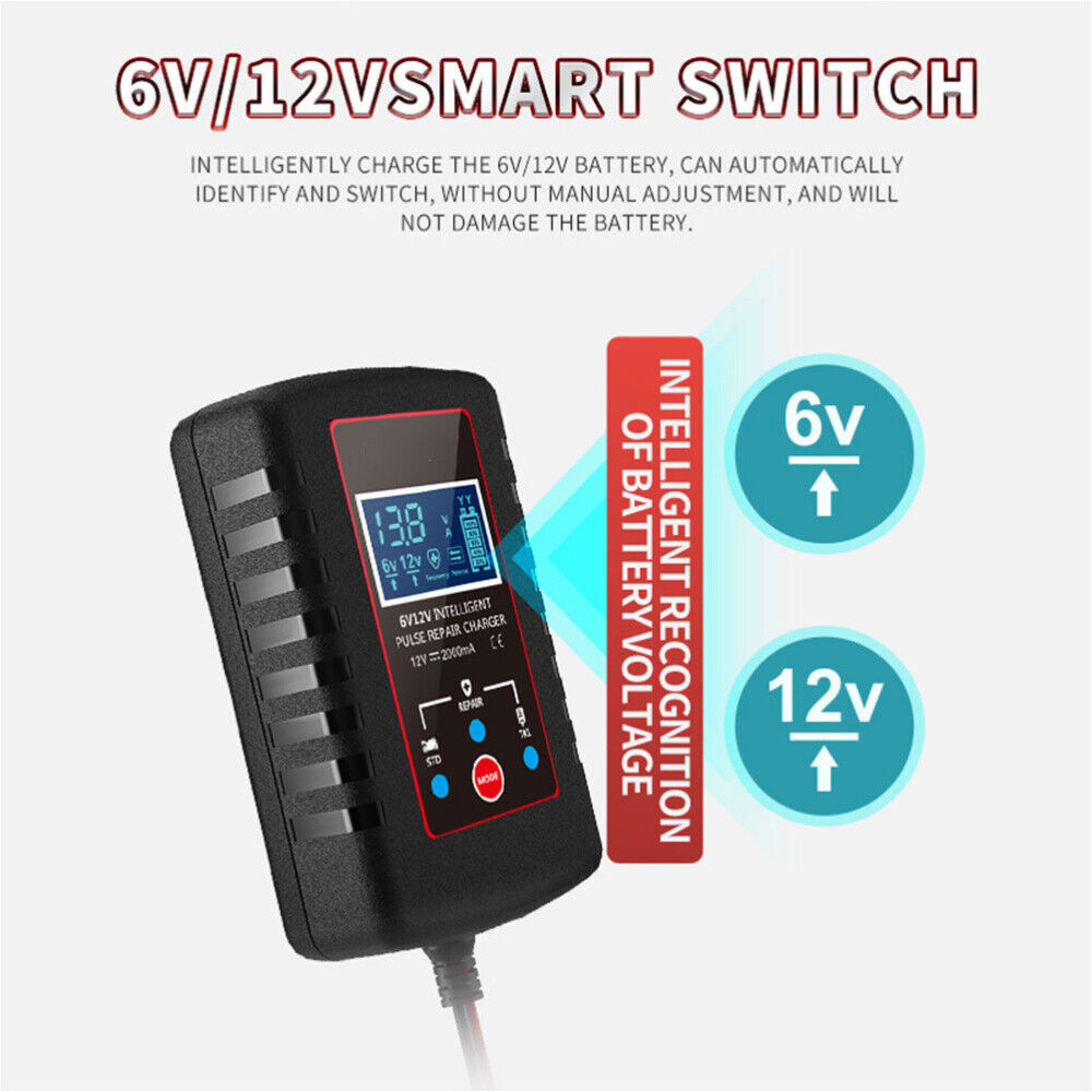 Caricabatterie auto con selezione 6V/12V e pulsanti sul pannello frontale