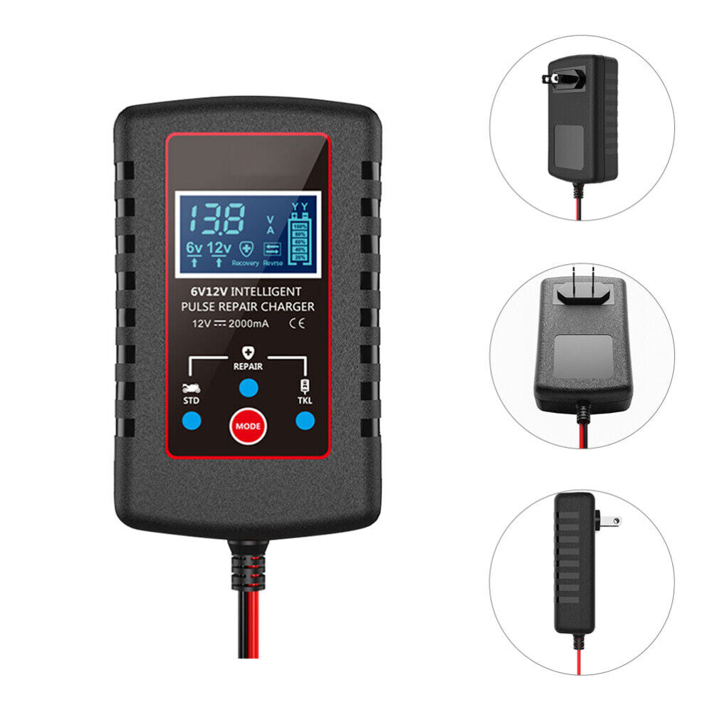 Caricabatterie auto nero 6V/12V con display blu e cavi rosso/nero