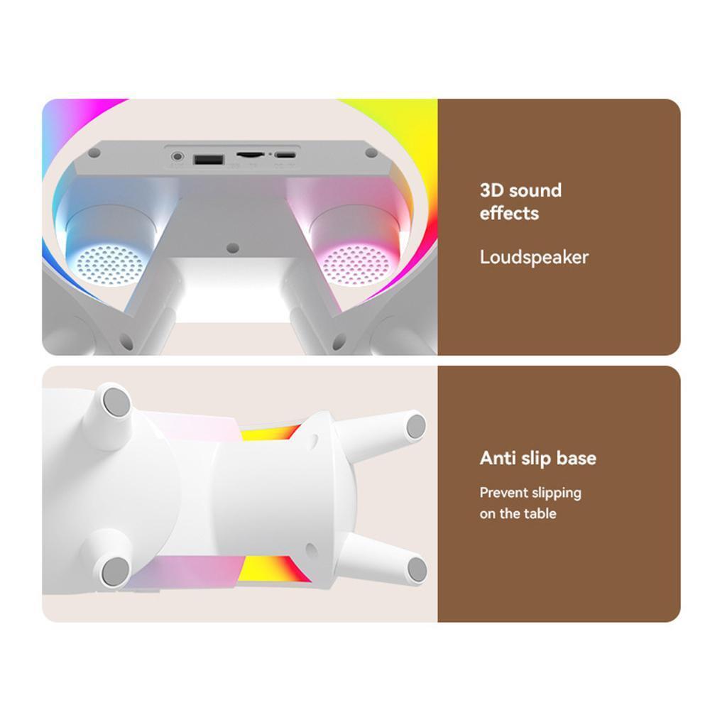 Lampada altoparlante bianca con diffusori laterali e base antiscivolo a tre gambe.