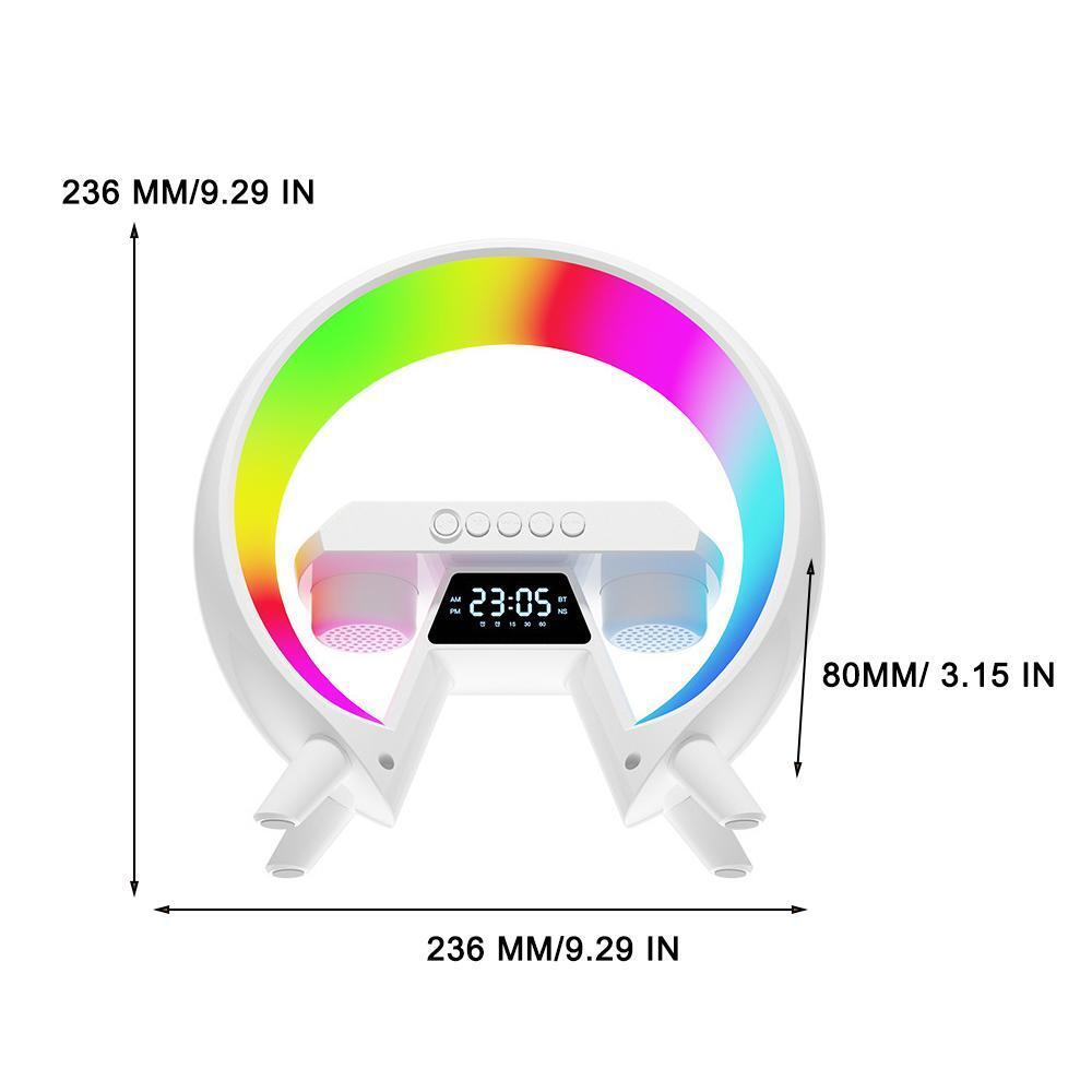 Lampada altoparlante bianca con anello LED multicolore e misure indicate