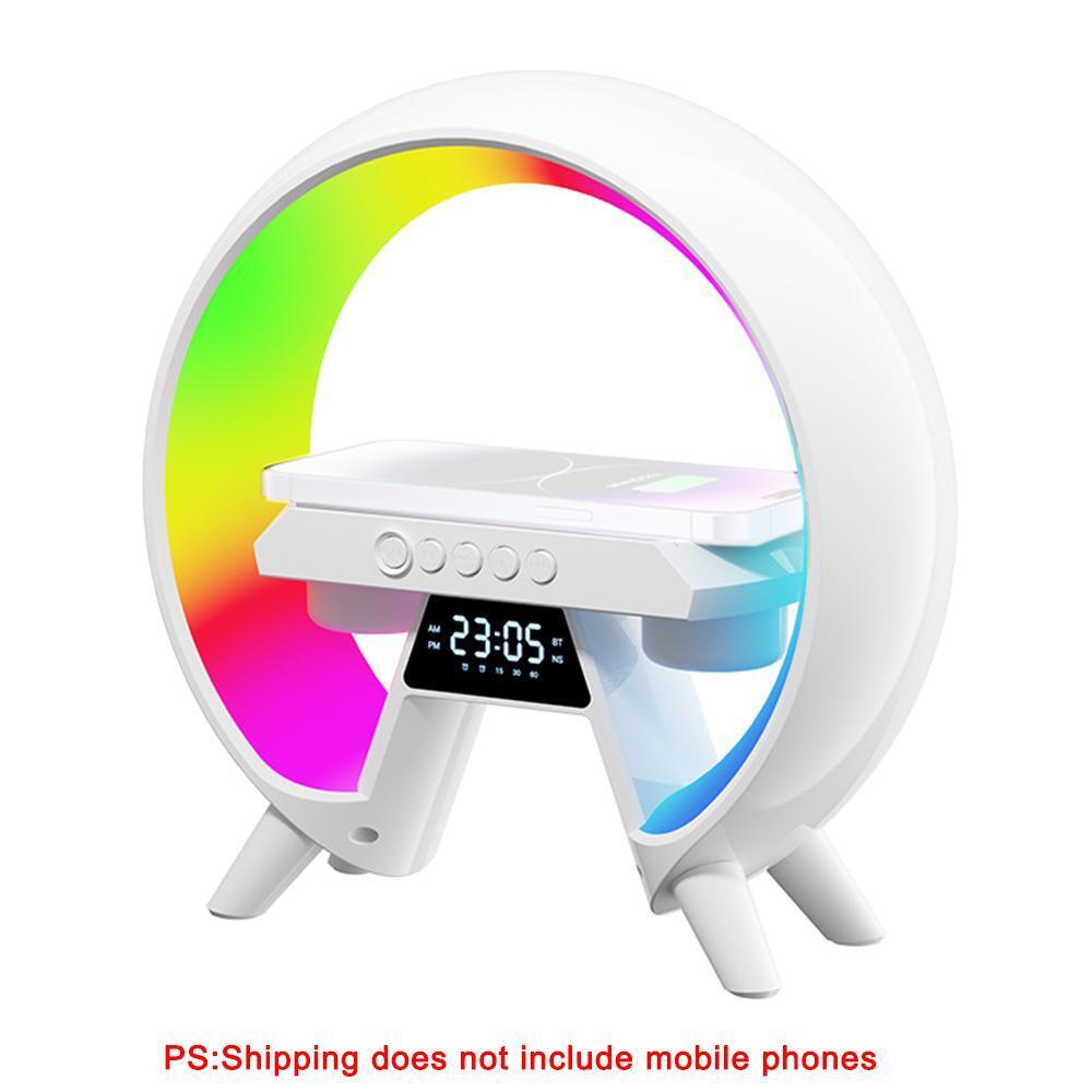 Lampada altoparlante bianca con anello LED multicolore e display orario