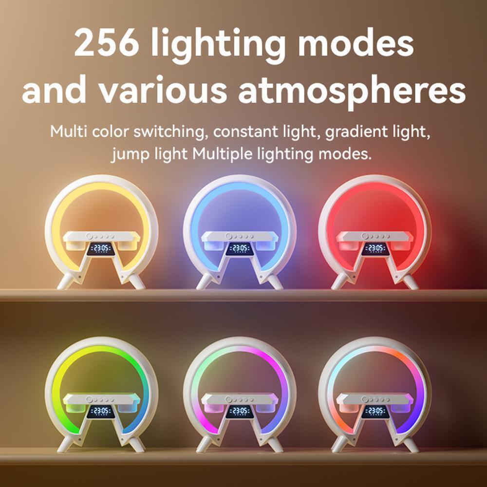 Lampada altoparlante con anello LED RGB e diverse modalità colore, display orario
