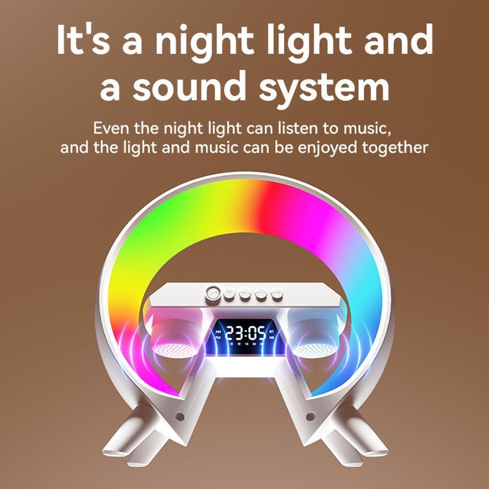 Lampada altoparlante bianca con anello LED multicolore e display orario digitale