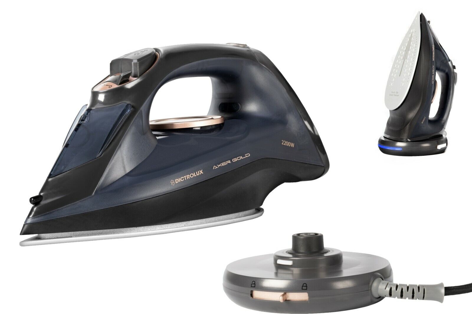 Ferro da stiro cordless nero con piastra ceramica bianca forata e base circolare