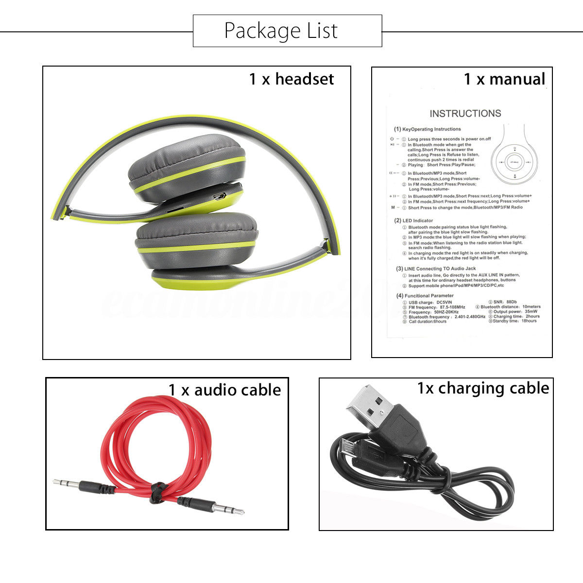 Confezione cuffie Bluetooth pieghevoli con manuale, cavo audio e cavo di ricarica