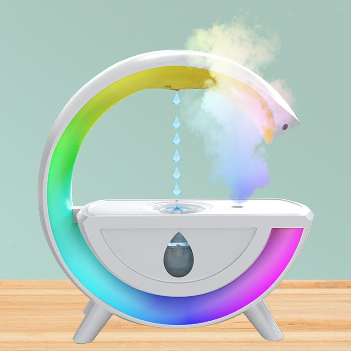 Mini umidificatore a goccia bianco con arco luminoso verde-viola e vapore