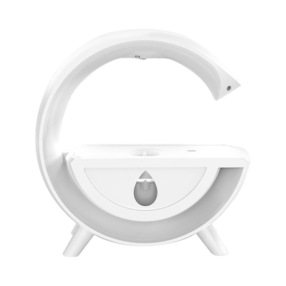 Mini umidificatore a goccia bianco, vista frontale con serbatoio e uscita vapore