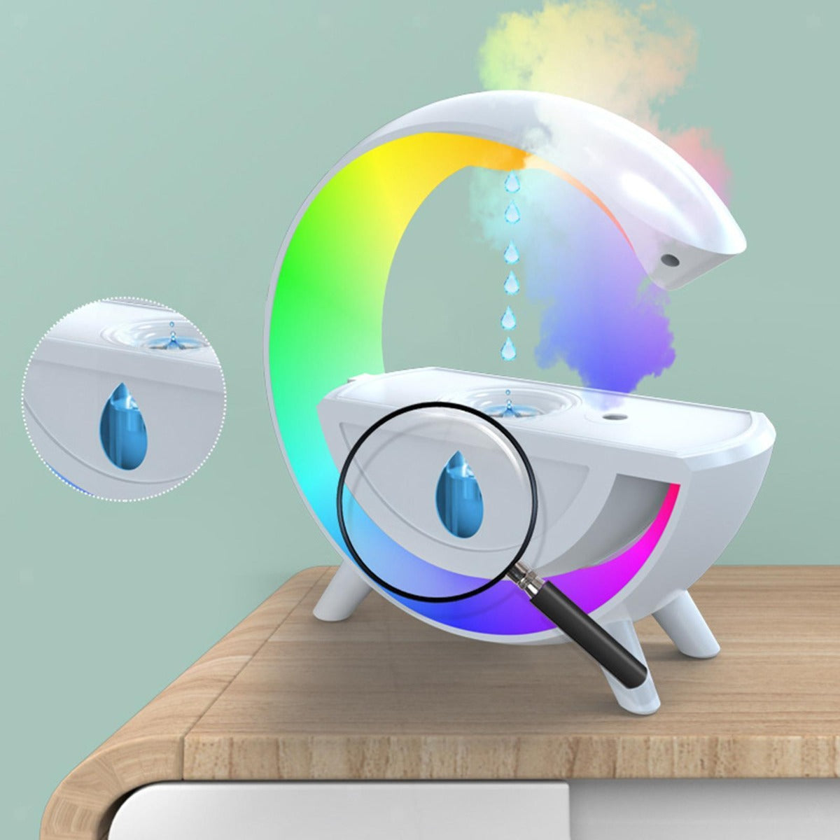 Mini umidificatore a goccia bianco con arco luminoso multicolore e finitura beccuccio