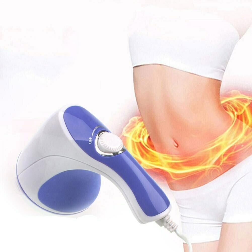 Massaggiatore elettrico portatile blu con testina rotante e pulsante OFF