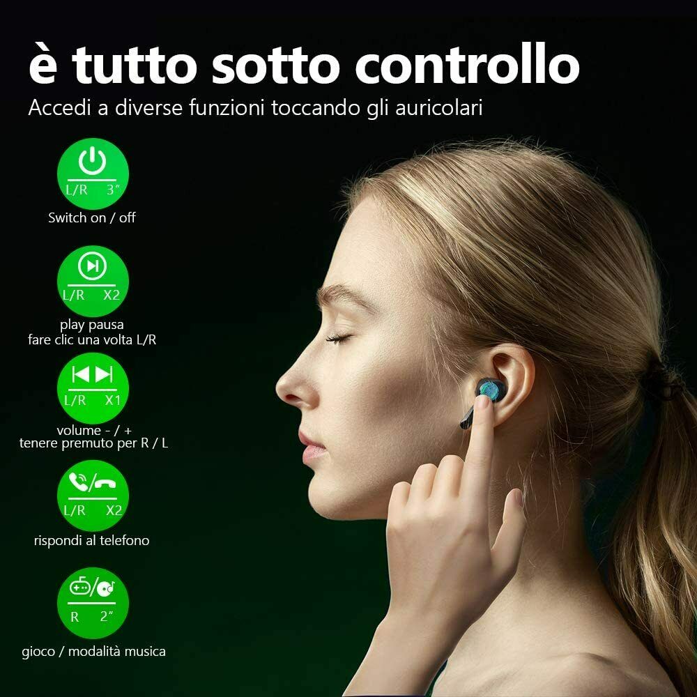 Auricolari in-ear con LED verdi indossati, colore scuro