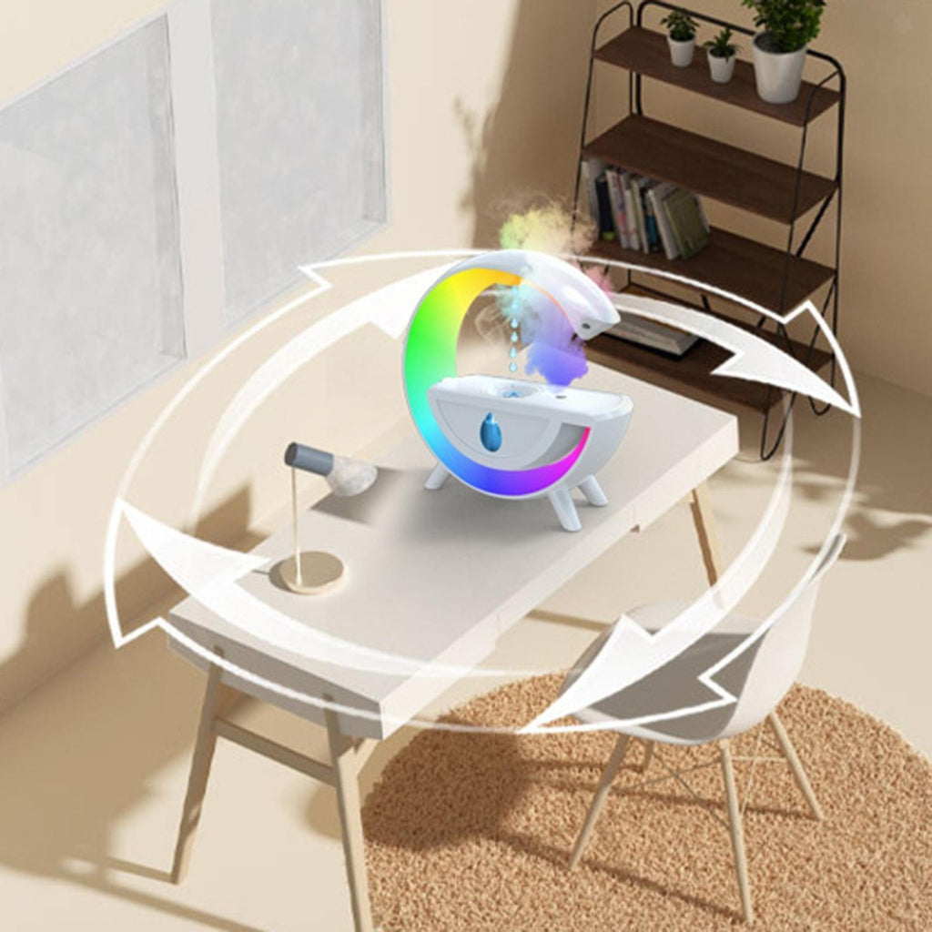 Mini umidificatore a goccia bianco con arco luminoso e vapore, da tavolo