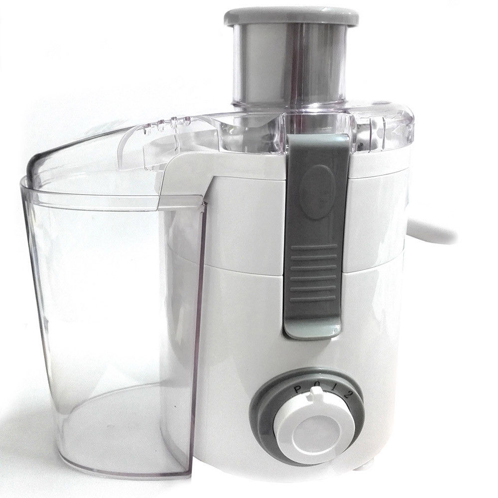 Centrifuga frullatore professionale bianca con caraffa trasparente e manopola grigia