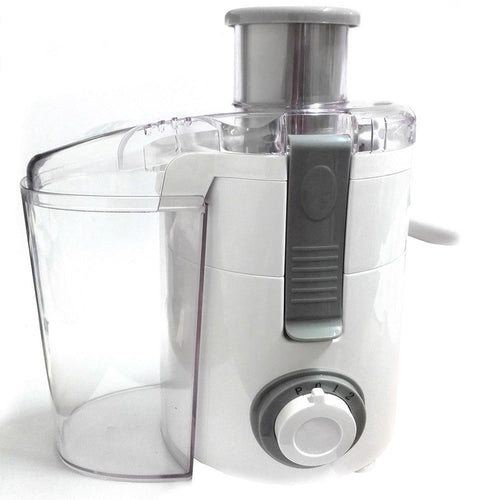 Centrifuga frullatore professionale bianca con caraffa trasparente e manopola grigia