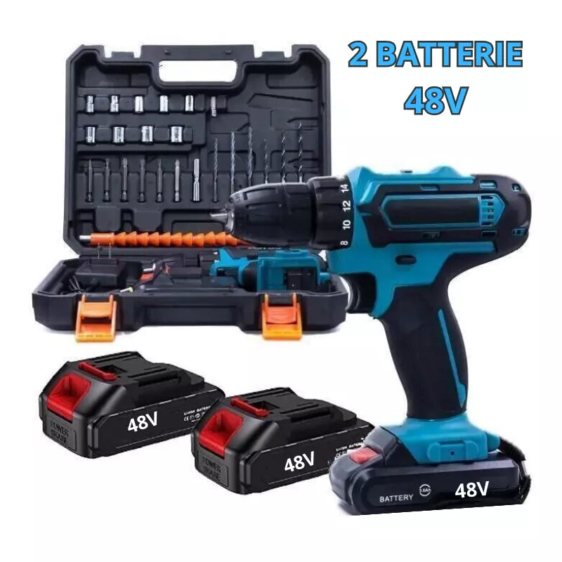 Trapano avvitatore a percussione 48V blu con impugnatura nera e 2 batterie