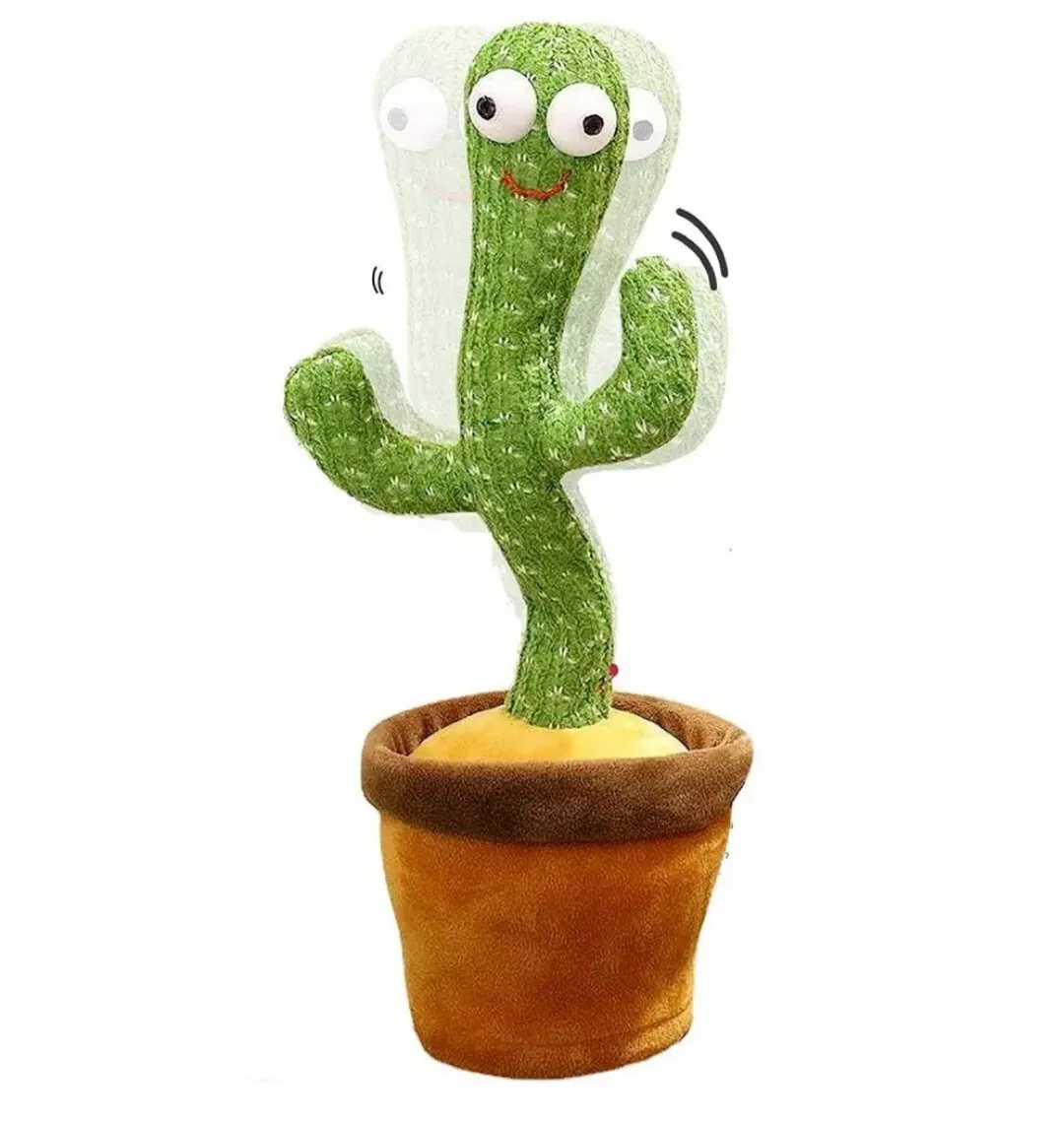 Cactus verde imbottito con occhi grandi, sorriso e ventose sul vaso marrone