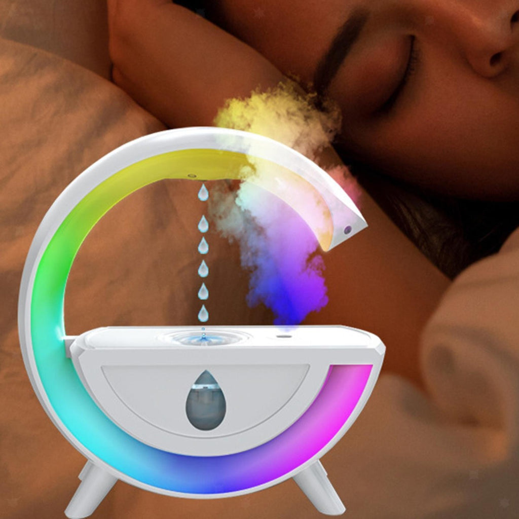 Mini umidificatore a goccia bianco con luci LED multicolore e gocce d’acqua
