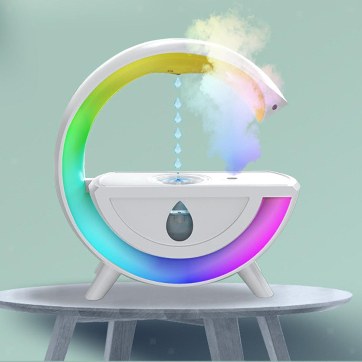 Mini umidificatore a goccia bianco con arco luminoso multicolore e vapore
