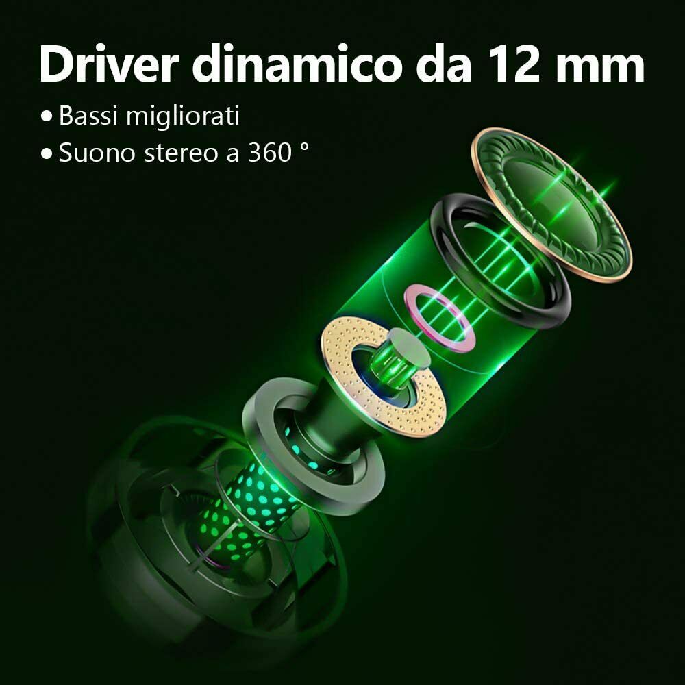 Auricolari in-ear con componenti interni visibili e LED verdi