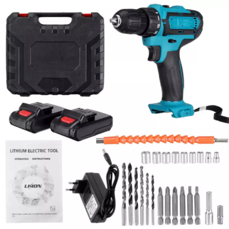 Trapano avvitatore 48V blu con valigetta, 2 batterie, caricatore e punte