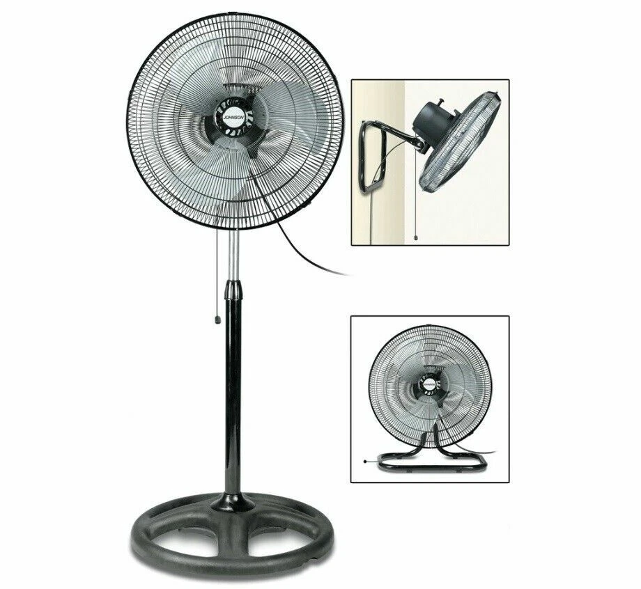 Ventilatore nero con griglia circolare e asta, base tonda