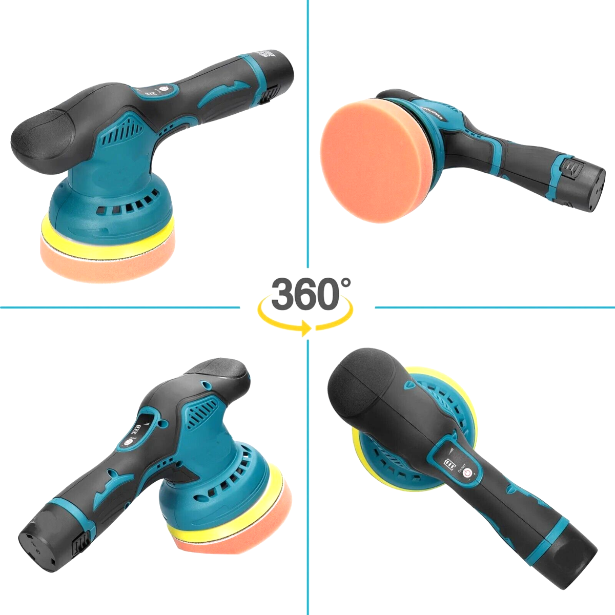 Levigatrice rotorbitale 12V blu e nera con disco arancione e base gialla