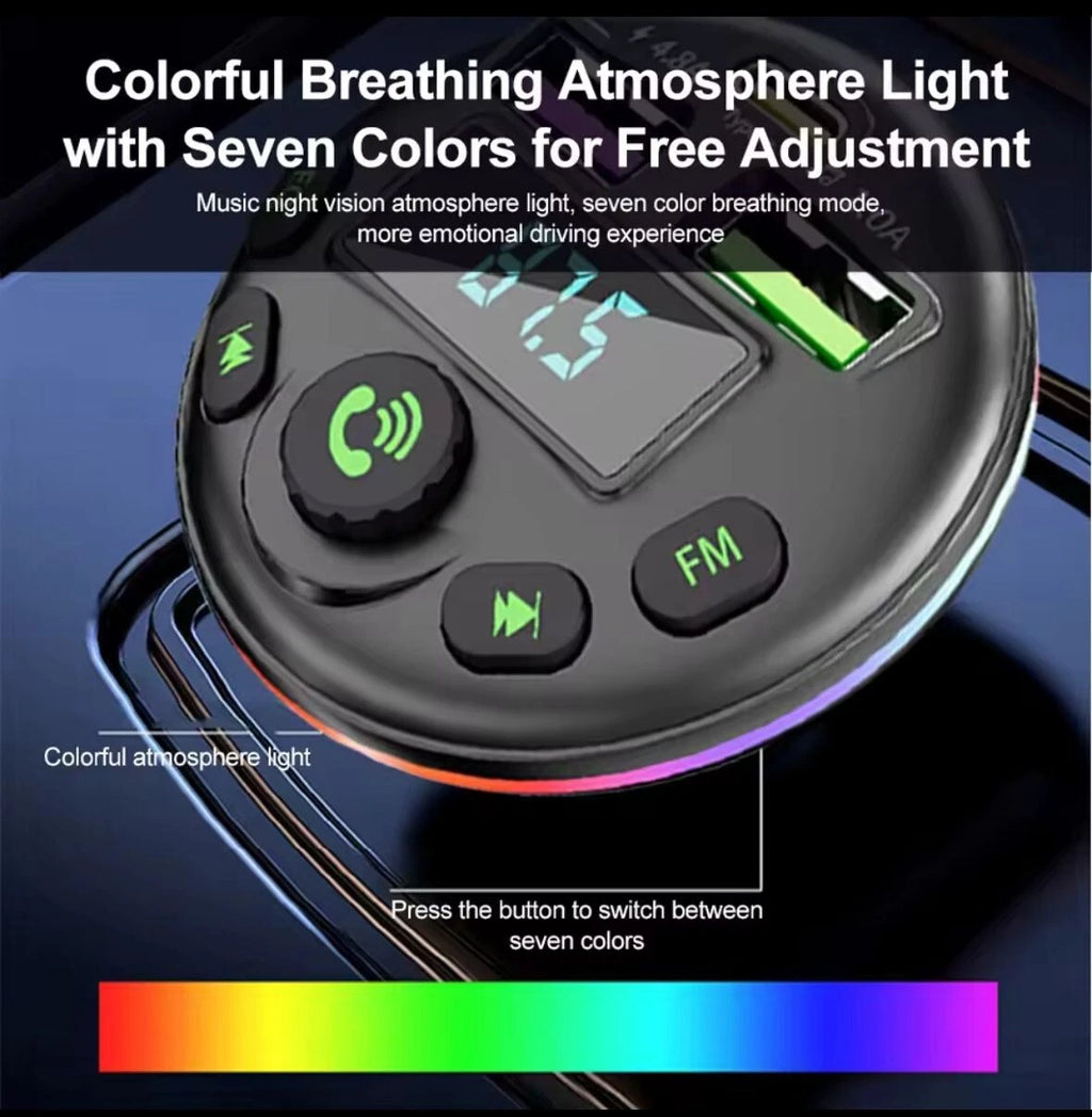 Trasmettitore FM Bluetooth per auto nero con retroilluminazione multicolore e pulsante FM
